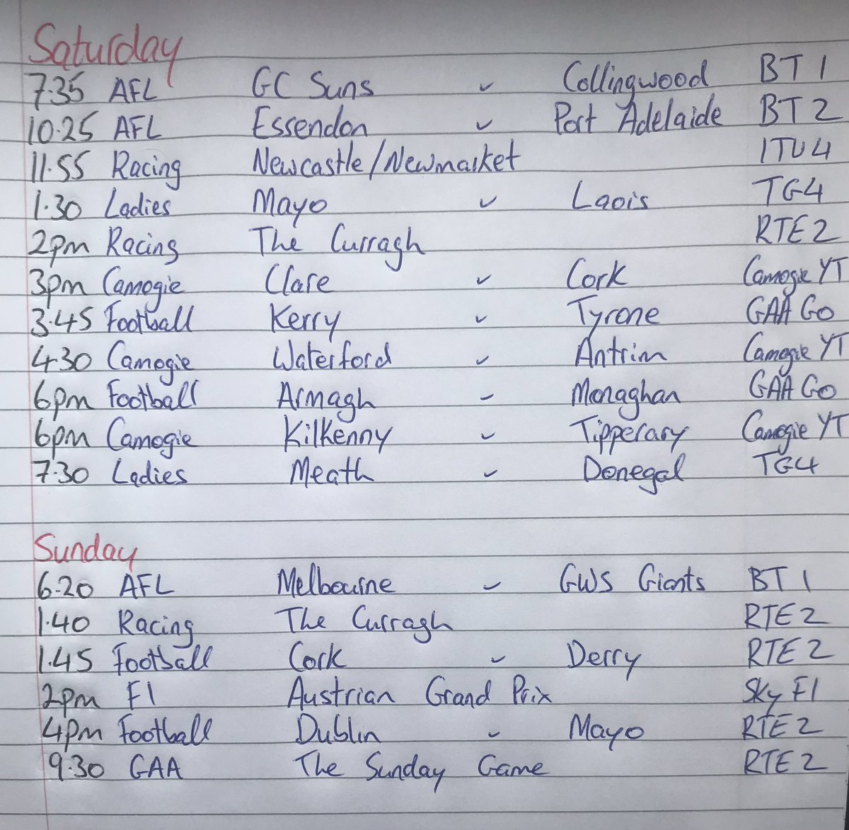Our ol friends from RTÈ are still getting a grilling hopefully we don’t get implicated in it all! 🤣 please see schedule below, it’s crunch time in the football championship!

Have a fantastic one folks ye are troopers the lot of ye 🙌