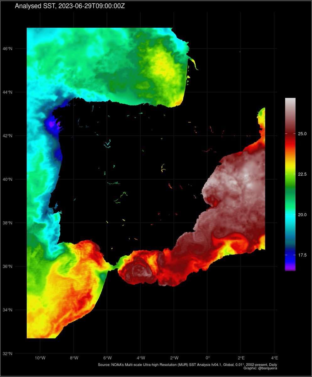 StatsOfPortugal's tweet photo. Iberian Peninsula, Sea Surface Temperature at 2023-06-29.
Thanks to @u_ribo  
#RStats #Portugal #Lisboa  #dataviz  #ggplot #maps  #gischat #geospacial
Dataset: Multi-scale Ultra-high Resolution (MUR) SST Analysis fv04.1, Global, 0.01°, 2002-present, Daily https://t.co/3Aao1G1q4d