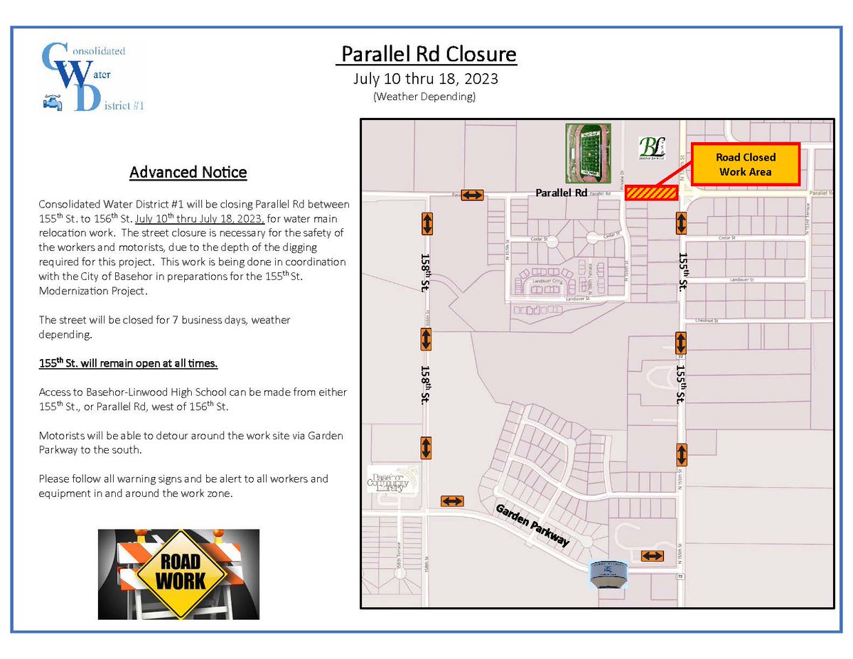 ConsWaterDist's tweet photo. Street Closure Announcement!!!

Parallel Rd, between 155th St. &amp; 156th St. will be closed  July 10 - July 18, weather dependent for water main relocation.  This work is being completed in coordination with the @CityofBasehor.  The detour will be via Garden Parkway. https://t.co/frMTX40O49