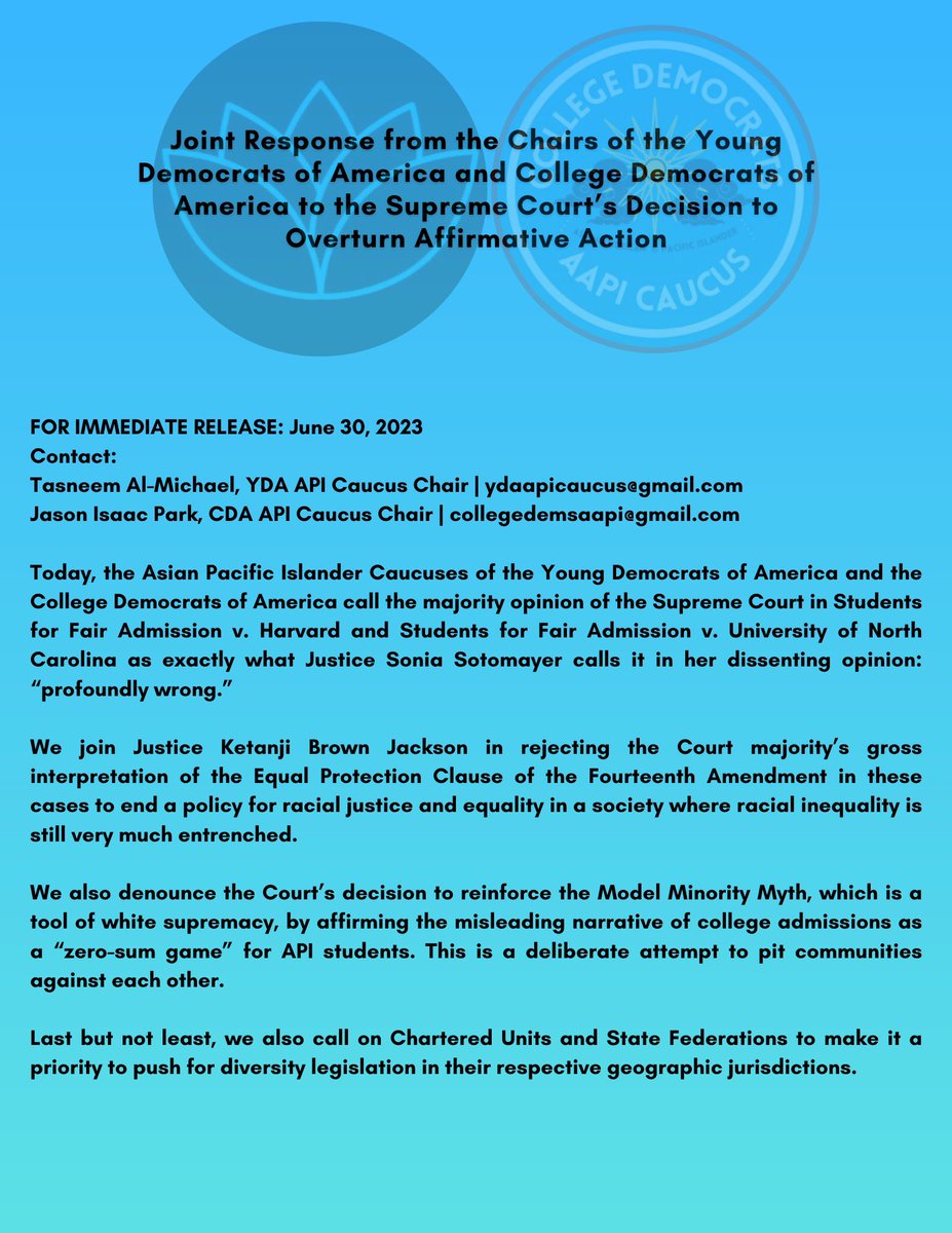 ydaapicaucus's tweet image. Chairs of the @youngdems and @CollegeDems Caucuses Issue Joint Statement Condemning the SCOTUS Ruling in Students for Fair Admission v. Harvard and Students for Fair Admission v. University of North Carolina

CC: @DesiCowboi @JasonParkCA