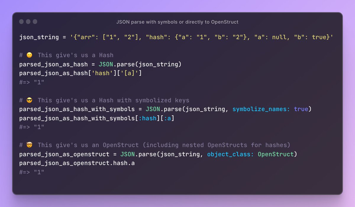 manuelvanrijn's tweet photo. #TIL you can directly symbolize your `JSON.parse` result or even let it spit out an `OpenStruct` instead of a `Hash`

#ruby https://t.co/PnJSzcQaZC
