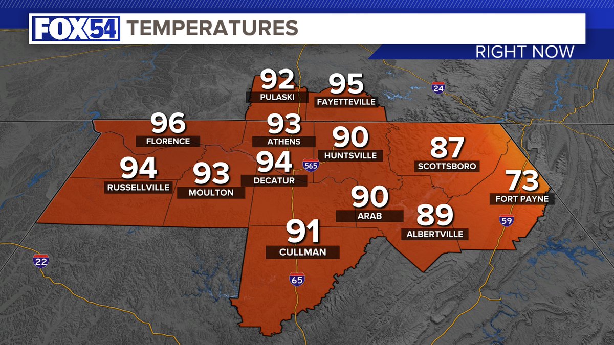 JDressmanWX's tweet photo. current temperatures and Heat Index Values across the Tennessee Valley this afternoon.
#FOX54 #FOX54WX #ALWX #TNWX #Heat https://t.co/a7ArdbHbmy