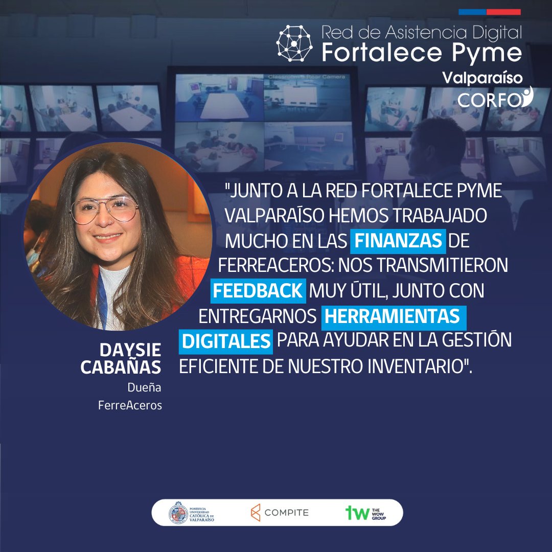 Daysie Cabañas, Dueña de FerreAceros, relata que nuestro feedback ha sido de mucha utilidad para su pyme: "la Red entregó herramientas digitales para ayudar en la gestión eficiente de nuestro inventario”.

¡Gracias por confiar en #FPymeValparaíso para avanzar en #Digitalización!