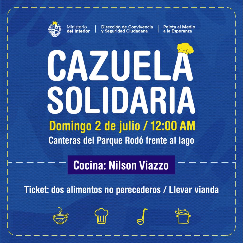 Minterioruy's tweet photo. El domingo 2 de julio desde las 12 horas se realizará en las Canteras del Parque Rodó la "Cazuela solidaria" de @Pelotaalmedio, a cargo de @Nilson_Chef, en el marco de la "Campaña del Abrigo".

El ticket son dos alimentos no perecederos y se debe llevar tupper. 

¡Los esperamos! https://t.co/2pRVCzPkO5