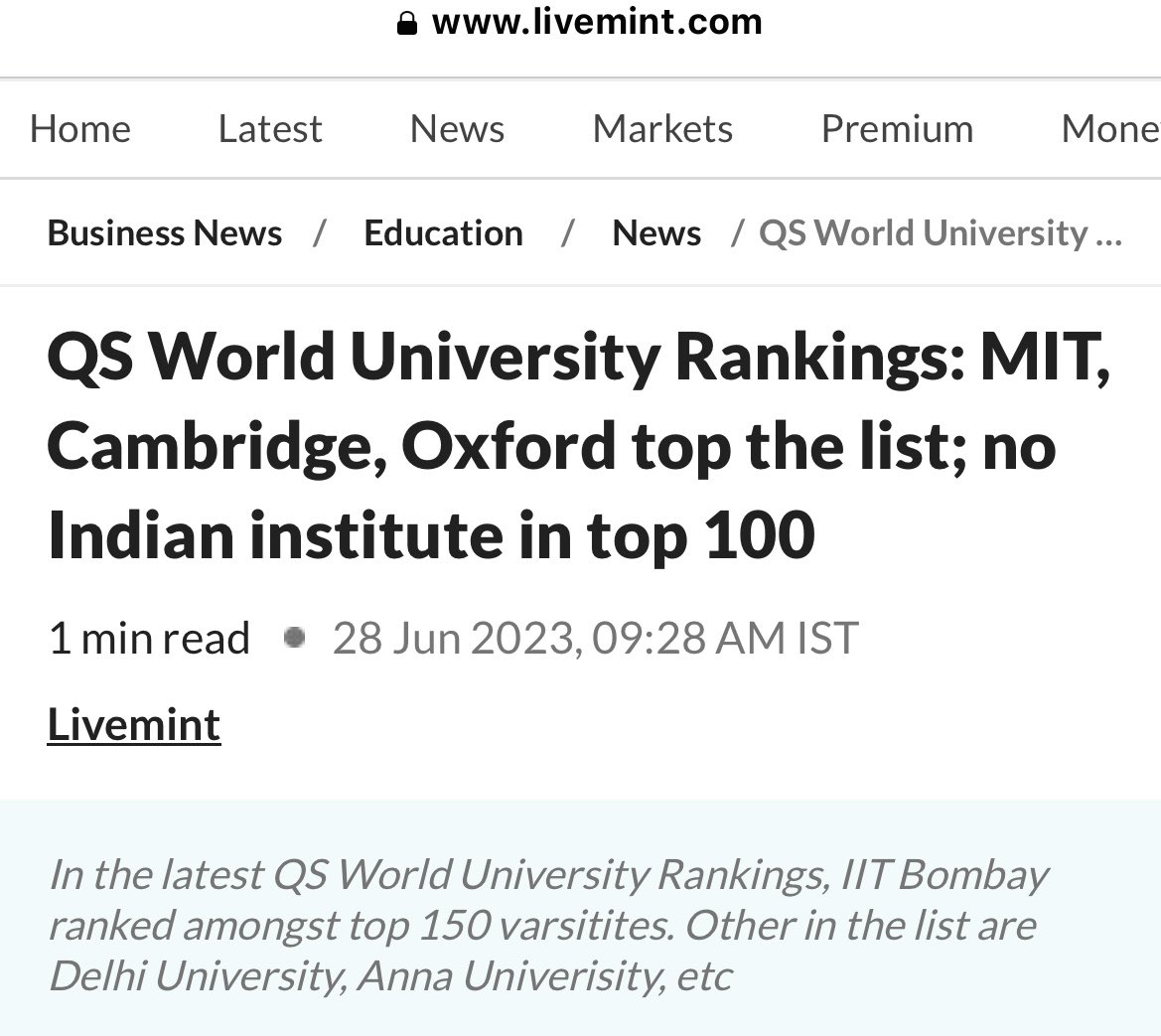 TheSincereDude's tweet photo. Dear PM, please stop lying!
There is no university or institution of India in the top 100 of QS World University rankings.
Rather, many institutions and universities that were top 500 slipped further down.
If you are talking about top 1500, then shame on you!
#PMModiInDU https://t.co/igLtkkJXNJ