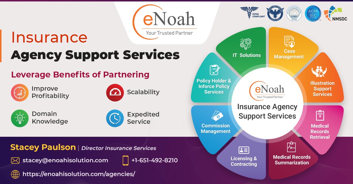 Looking for a trusted partner to handle your insurance backoffice needs? Look no further than eNoah! We offer end-to-end insurance agency support & IT Services. Learn more at buff.ly/3pmTjhn #insurancesupport #BGA #backoffice #casemanagement #commissions #recordsretrieval