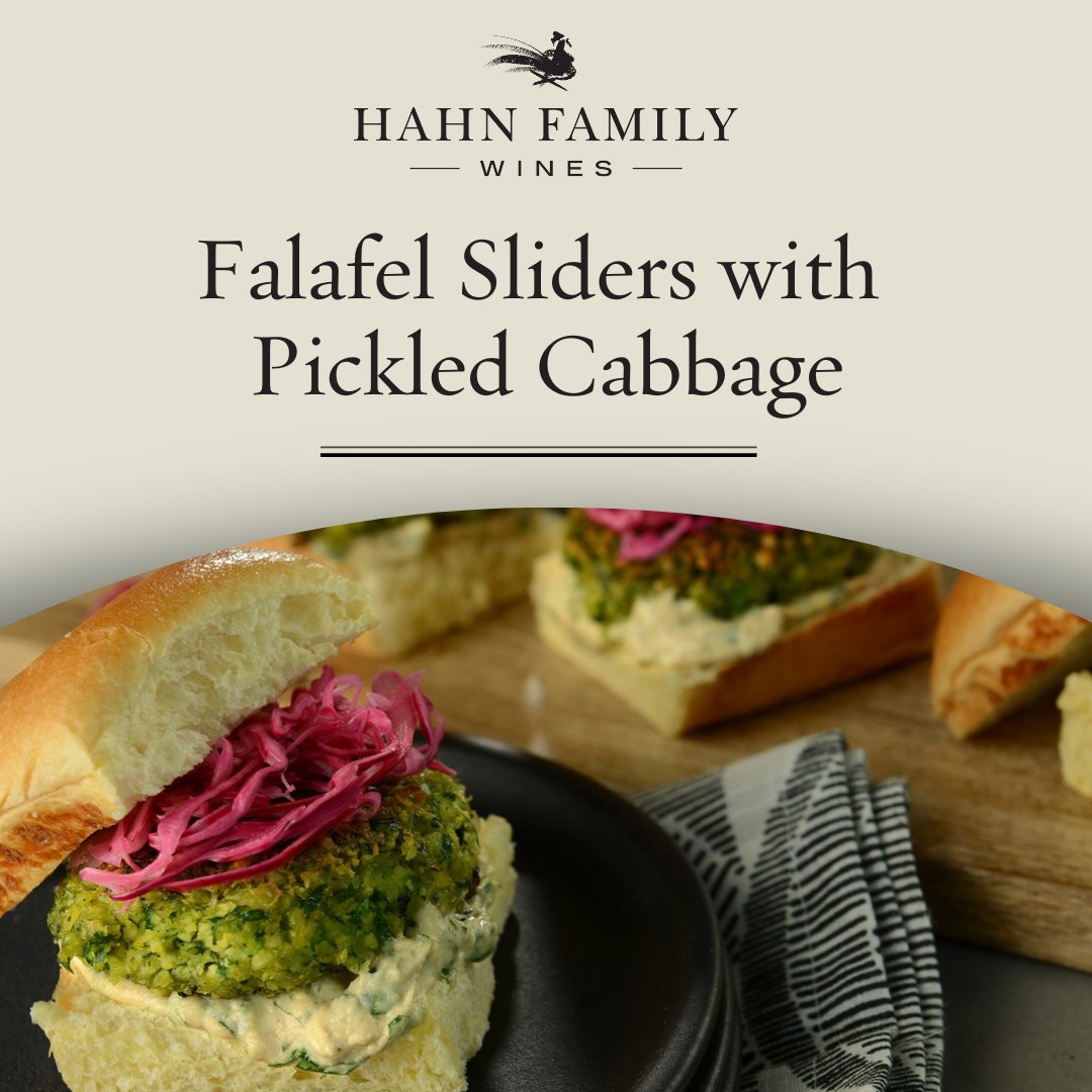 For a #meatless meal this weekend, try our #falafel #sliders with pickled cabbage. With hearty chickpeas, tons of fresh #herbs &amp; #spices, these #sliders will leave you satisfied yet wanting more. Pair with our fruit forward Hahn Appellations Series GSM. bit.ly/3if1gPy