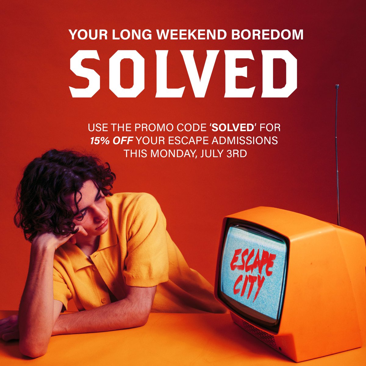 Escape the mundane routine of a long weekend by booking an escape room today!

Save 15% on your admissions this Monday, July 3rd, with the code ‘SOLVED’ 

escapecity.ca