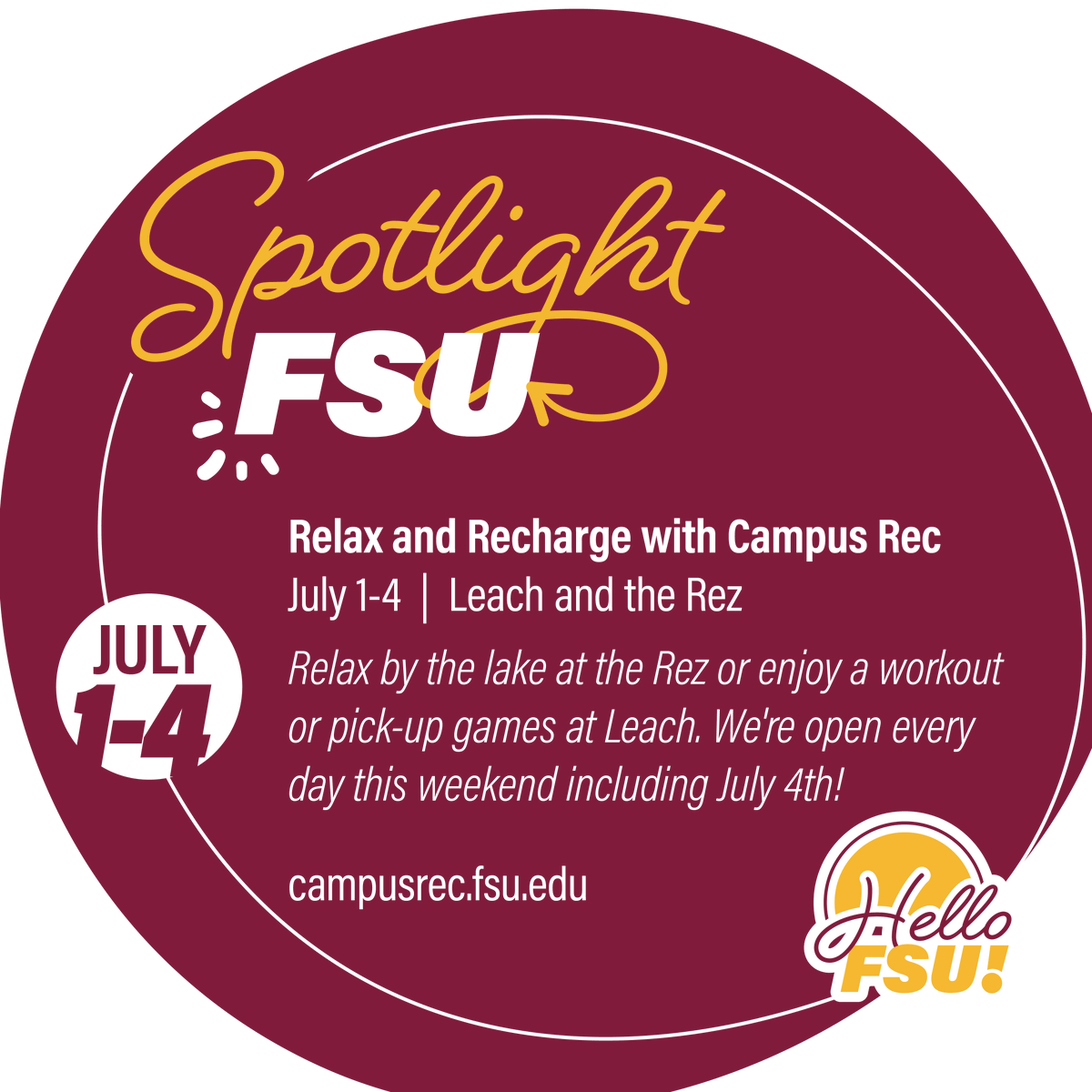 FSUDSA's tweet photo. Relax and recharge with @fsucampusrec this long weekend! They are open July 1-4 to enjoy the facilities by working out or pick-up games at Leach. Visit https://t.co/kjySyepUWR to learn more! #SpotlightFSU https://t.co/PpuJgCAYVz