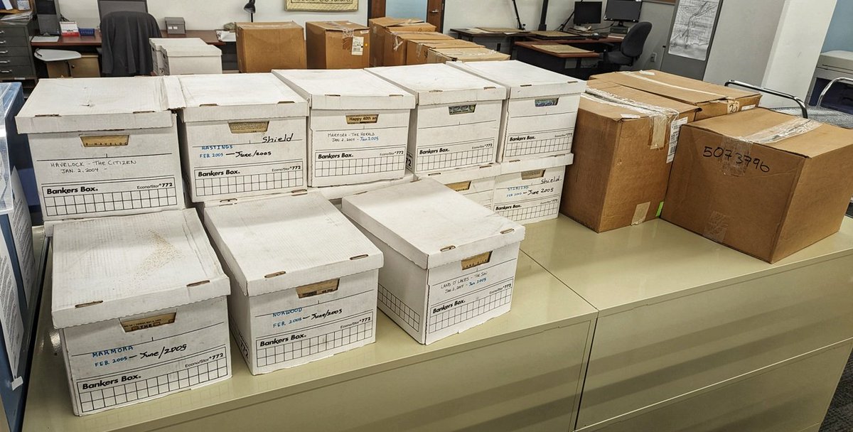 A bit of a workout for us today with 25 boxes to collect from the former Shield Newspaper Group in Belleville. These contain several local newspapers dating from 2004 to 2006.