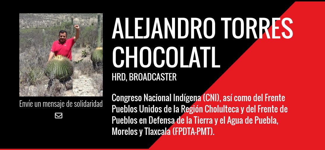 FLD Américas (@fldamericas) on Twitter photo #México: Urgente 🚨
Detienen a Alejandro Torres Chocolatl, defensor e integrante del <a href="/fpdtampt/">fpdtampt</a> y <a href="/CNI_Mexico/">CNI México</a>.
A inicios de mes denunciamos intimidación de la Policía Ministerial de Puebla hacia él: frontlinedefenders.org/es/case/intimi…
🔴 Urgimos a las autoridades a su inmediata liberación #México: Urgente 🚨
Detienen a Alejandro Torres Chocolatl, defensor e integrante del <a href="/fpdtampt/">fpdtampt</a> y <a href="/CNI_Mexico/">CNI México</a>.
A inicios de mes denunciamos intimidación de la Policía Ministerial de Puebla hacia él: frontlinedefenders.org/es/case/intimi…
🔴 Urgimos a las autoridades a su inmediata liberación