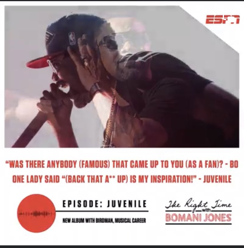 greatsince1986's tweet image. Back in 2019, @bomani_jones did a dope ass interview with Juvenile. 

Even the perspective in how he view his songs (at the time) 20 years later and also having kids. #TheRightTime