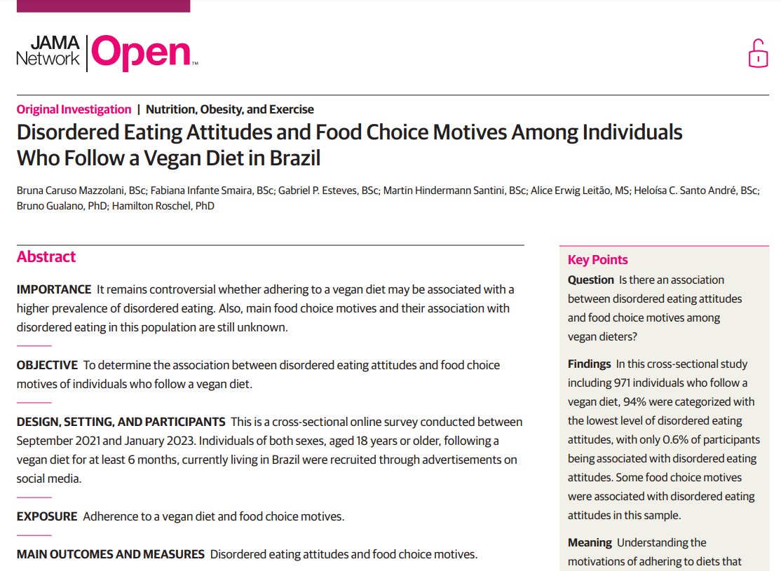 Gabriel P Esteves (@esteves_gp) on Twitter photo I'm happy to share our recent publication on JAMA Network Open <a href="/JAMANetworkOpen/">JAMA Network Open</a> entitled "Disordered Eating Attitudes and Food Choice Motives Among Individuals Who Follow a Vegan Diet in Brazil", led by great colleagues Bruna Mazzolani and Fabiana Smaira <a href="/cienciainforma/">CiĂȘncia Informa</a>
đ§¶1/9 I'm happy to share our recent publication on JAMA Network Open <a href="/JAMANetworkOpen/">JAMA Network Open</a> entitled "Disordered Eating Attitudes and Food Choice Motives Among Individuals Who Follow a Vegan Diet in Brazil", led by great colleagues Bruna Mazzolani and Fabiana Smaira <a href="/cienciainforma/">CiĂȘncia Informa</a>
đ§¶1/9