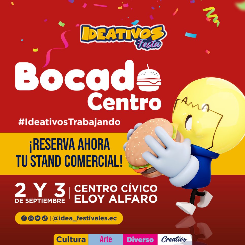 ¡#Sabores y #cultura se fusionan en #BocadoCentro! Hemos preparado en #IdeativosFesta, un espacio para #emprendedores y restaurantes.🤤
¡Reserva tu stand con anticipación y únete a nuestro gran festival cultural y artístico!🍔
Escríbenos para más información. #Guayaquil #Ecuador