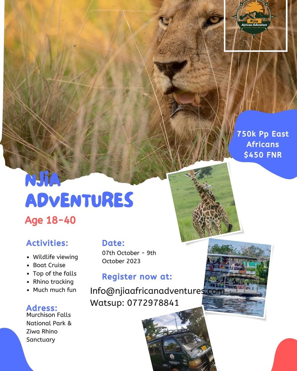 Are you ready for independence. @NjiaAdventures
Has prepared us an unforgettable tour to Murchison falls national park from 7th to 9th October ✌️ 8 slots remaining 🫵
Book now whatsapp on 0772978841 or 📧 info@njiaafricanadventures.com 
#Independencedaytulambule 
#TulambuleUganda