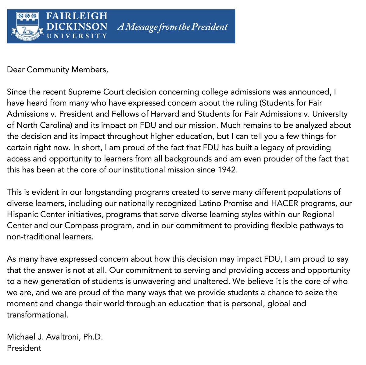 Michael Avaltroni, FDU President tweet media
