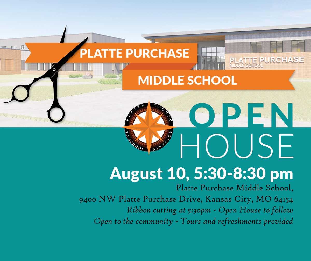 In just over a month, we'll be cutting the ribbon for our new @PlattePurchase Middle School! We hope you can join us! #PCR3Proud 🧡🖤✂🎀🖤🧡