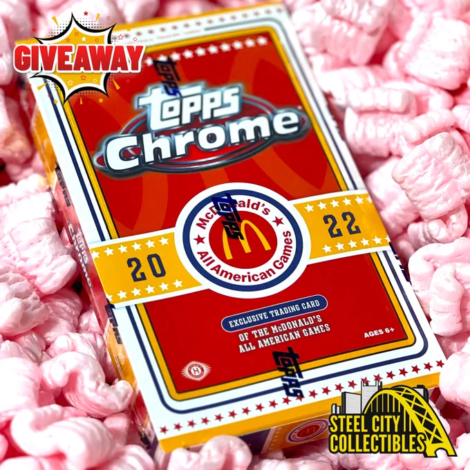 A 2022-23 Topps Chrome McDonald's All American Basketball Hobby Box with the word, "GIVEAWAY," written in red font in the top left corner and the Steel City Collectibles logo in the bottom right corner.