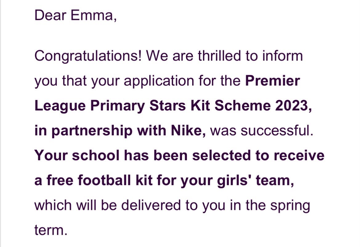 Great news for the girls!  Thank you @premierleague and @nike They’ll LOVE playing in this brand new kit 😊#PLPrimaryStars  @ImogenM16