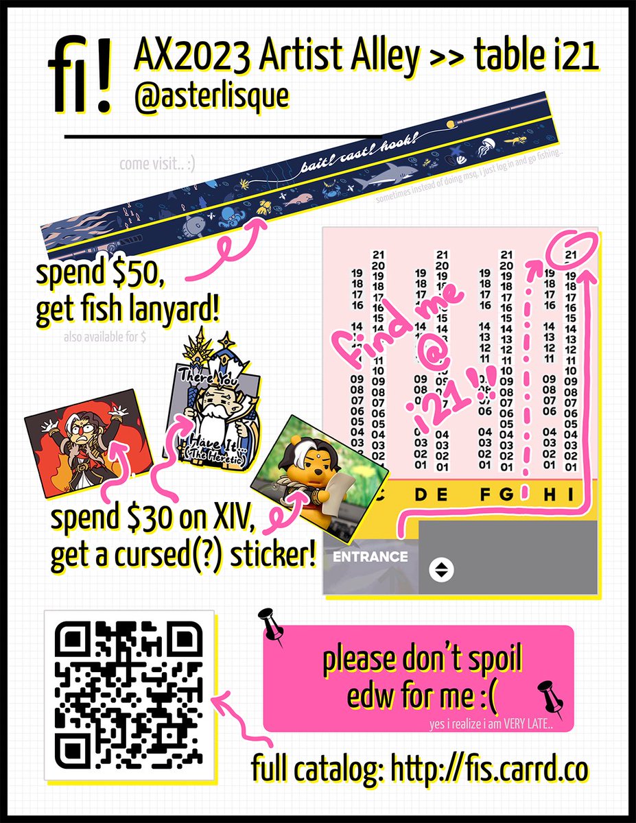asterlisque's tweet photo. Come visit! 
I’ll be at 𝗔𝗻𝗶𝗺𝗲 𝗘𝘅𝗽𝗼 𝗔𝗿𝘁𝗶𝘀𝘁 𝗔𝗹𝗹𝗲𝘆 𝘁𝗮𝗯𝗹𝗲 𝗶𝟮𝟭 aaaaaaaaall weekend
I am still not caught up with EDW so no spoilers please 🥺

Web version 👉 https://t.co/2pNLNfEe8E

#AX2023 #AX2023ArtistAlley #AXArtistAlley2023 https://t.co/bVaIhhnjja