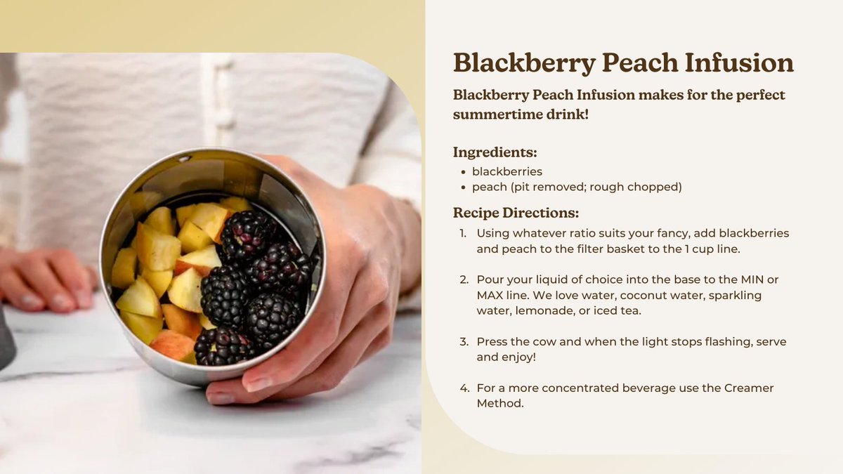 Unlock fruity and flavorful infused drinks with your Almond Cow. 🍇🍑🫐

Just add blackberries, peaches, and your favorite liquid of choice for a refreshing summertime beverage made in moments!
almondcow.co/recipes/infusi…