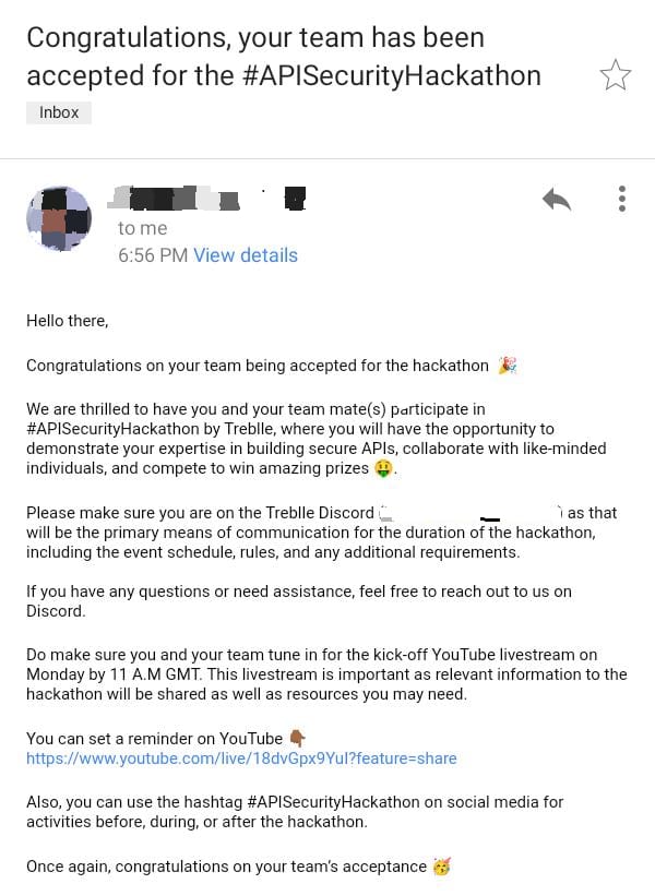 smartbizlord's tweet photo. Finally! π I'm happy to announce that my team has been accepted to participate in the #APISecurityHackathon by @treblleapi coming up this july. https://t.co/F90Xj7wyvL