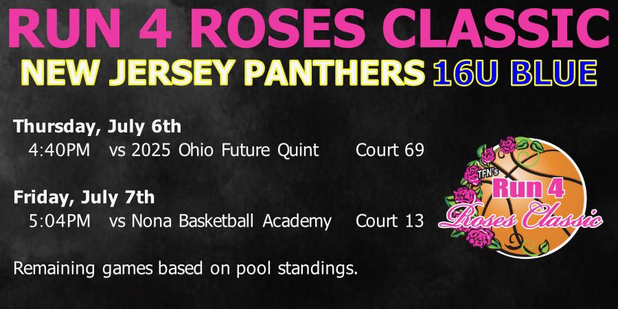 Can’t wait to compete with my team in the Run 4 Roses Classic in Louisville!! Here’s my game schedule. #earnit 
@nj_panthers @CoachJordanNJP @CoachCorisdeo @CoachZ_NJP @NJLadiesHoops @PGHNewJersey @NCSAwbb