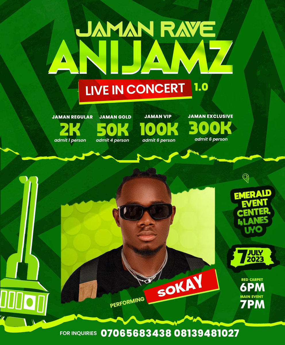 iamfatherA's tweet photo. There's more! Prinx Harvey, Sokay, Hofishal Sound and Hypeman will appear for #JamanRave on July 7. @AniJamz live In Concert 1.0

For Ticket Reservation Call : +234815114920

#ALIC #AniJamzLiveInConcert https://t.co/fJr2csx6I7