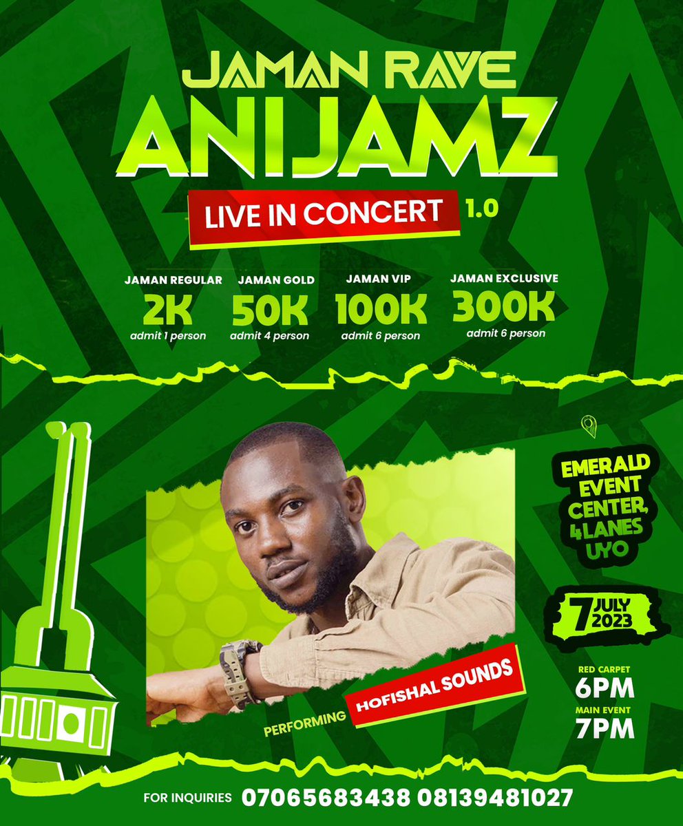 iamfatherA's tweet photo. There's more! Prinx Harvey, Sokay, Hofishal Sound and Hypeman will appear for #JamanRave on July 7. @AniJamz live In Concert 1.0

For Ticket Reservation Call : +234815114920

#ALIC #AniJamzLiveInConcert https://t.co/fJr2csx6I7