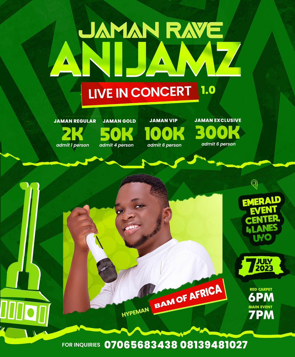 iamfatherA's tweet photo. There's more! Prinx Harvey, Sokay, Hofishal Sound and Hypeman will appear for #JamanRave on July 7. @AniJamz live In Concert 1.0

For Ticket Reservation Call : +234815114920

#ALIC #AniJamzLiveInConcert https://t.co/fJr2csx6I7