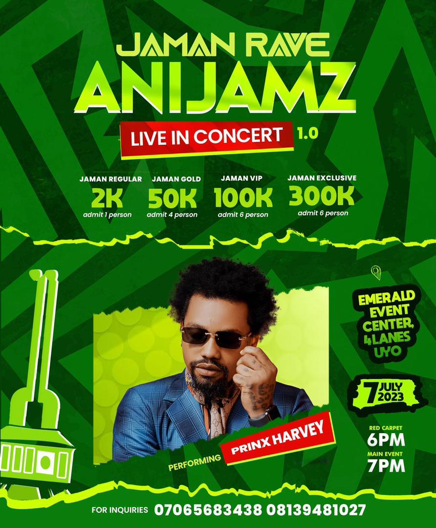 iamfatherA's tweet photo. There's more! Prinx Harvey, Sokay, Hofishal Sound and Hypeman will appear for #JamanRave on July 7. @AniJamz live In Concert 1.0

For Ticket Reservation Call : +234815114920

#ALIC #AniJamzLiveInConcert https://t.co/fJr2csx6I7