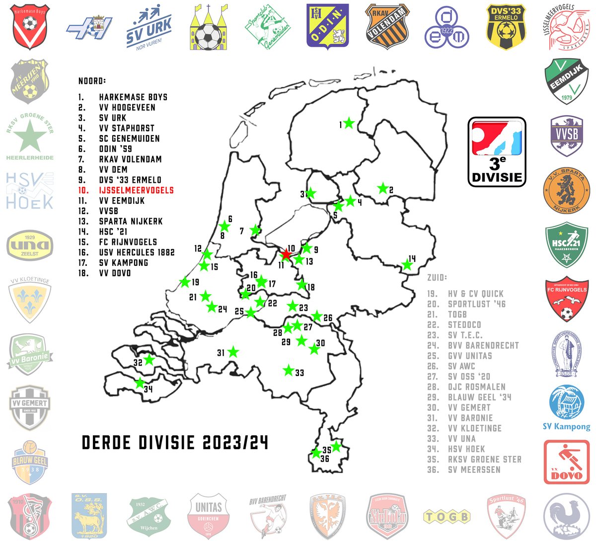 IJsselmeervogels (@vvijv) on Twitter photo INDELING β½ | De KNVB heeft de indeling voor de Derde divisie 2023/24 bekend gemaakt.
IJsselmeervogels komt uit in de Derde divisie Noord en speelt daar onder andere tegen plaatsgenoot <a href="/VVEemdijk/">V.V. Eemdijk</a>.
Het speelschema wordt volgende week zaterdag bekend gemaakt.
De complete indeling INDELING β½ | De KNVB heeft de indeling voor de Derde divisie 2023/24 bekend gemaakt.
IJsselmeervogels komt uit in de Derde divisie Noord en speelt daar onder andere tegen plaatsgenoot <a href="/VVEemdijk/">V.V. Eemdijk</a>.
Het speelschema wordt volgende week zaterdag bekend gemaakt.
De complete indeling