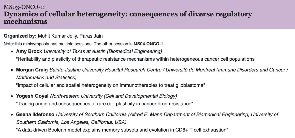 Excited to organise this session @smb__2023 on cancer cell heterogeneity dynamics, together with my PhD student Paras Jain @BSSE_IISc. Thrilled to have talks by @AmyBrock_PhD @yogeshgoyallab @lab_craig @IldefonsoGeena @Sam_M_Oliver, Antara Biswas (@RutgersU), Simone Bruno (@MIT).