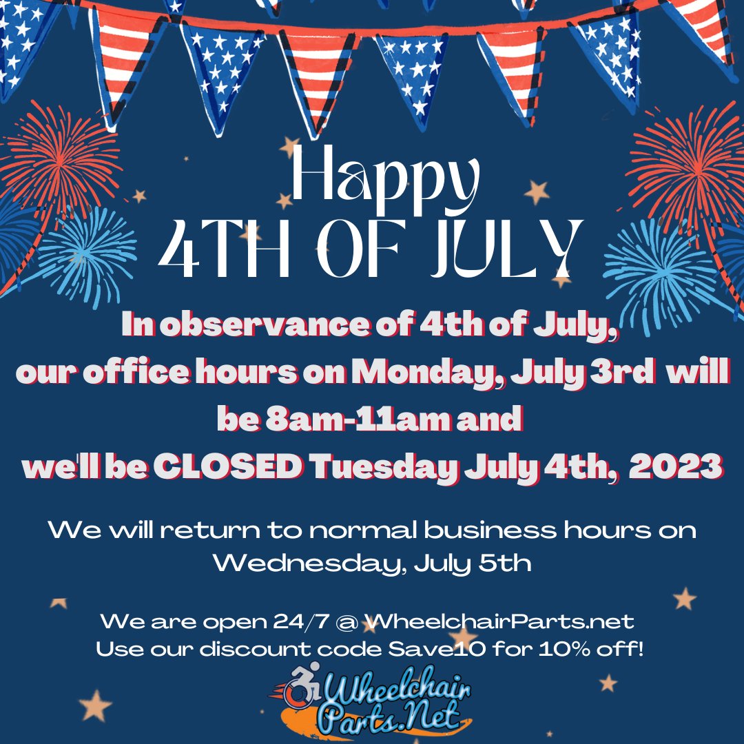 🎆Happy 4th of July weekend to our employees &amp; especially you, our customers! Let's relax &amp; enjoy this holiday!🎆

Monday July 3rd, we will be open for a super half day (8am - 11am PST) &amp; fully closed on Tuesday July 4th, 2023. We will be back to regular hours Wednesday July 5th!