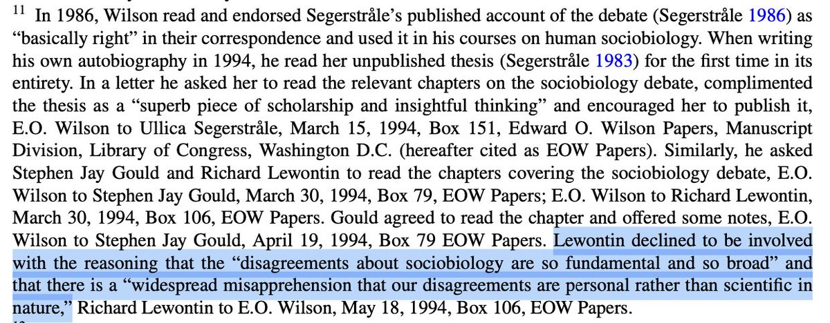 arvidagren's tweet photo. When EO Wilson was writing his autobiography he asked Gould and Lewontin for comments on the sociobiology chapter. 

Gould agreed, Lewontin declined. 

Fascinating note in Cora Stuhrman's new paper on the movie "Sociobiology: Doing What Comes Naturally"
https://t.co/m2ytxK25pt https://t.co/MFs14WldXE