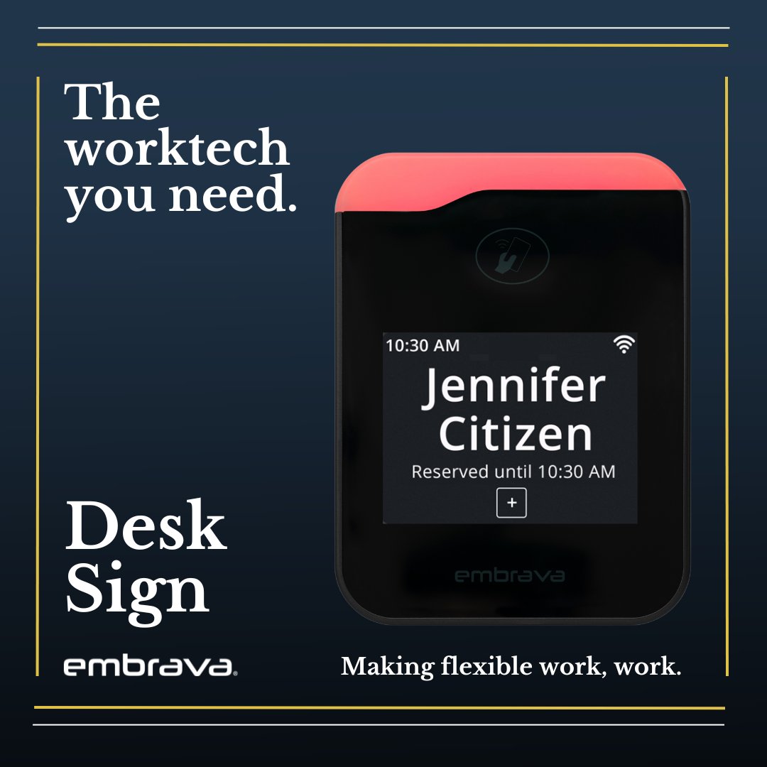 Desk Sign is an essential part of flexible workplaces that *work*. ✅

Make flex work fun, productive and frictionless with Embrava's Desk Sign. ✨

It's the #worktech you need. 💥

Visit embrava.com today to learn more about worktech that changes the way you work. 📈
