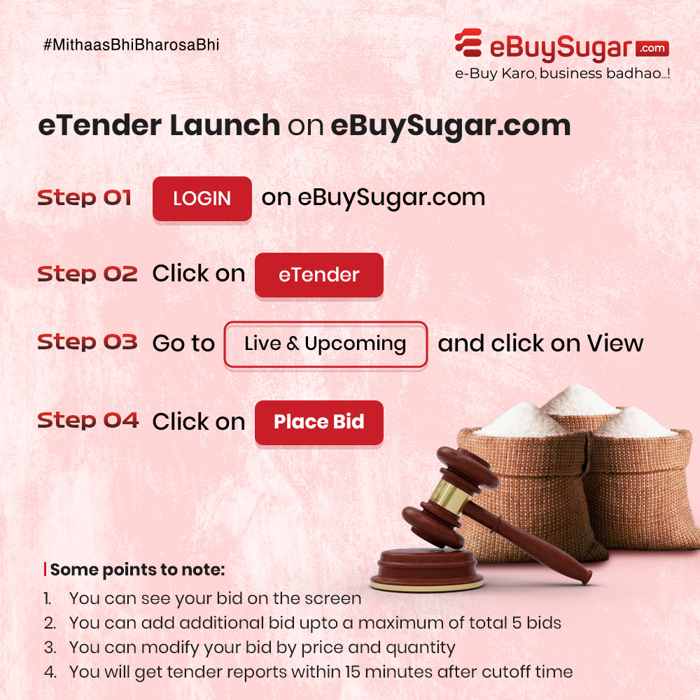 eBuySugar's tweet photo. Follow the steps to participate in eBuySugar's exclusive ‘eTender’ for Sadashivrao Mandalik Sugar Mill (Hamidwada) today & seamlessly #trade #sugar online. Time: 12 pm - 1 pm
Tender Report time: 1:15 pm
Register today: https://t.co/Y6PtHQFD5N
#powerofdigital #onlinetrade https://t.co/tY6sQLRD2L