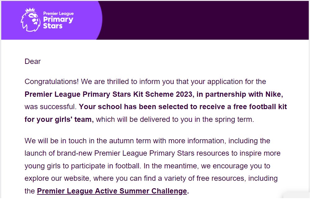 Mr Adebola would like to send a thank you to @_RobJenkinson! (@CommunitySUFC)...He kept an eye out and was successful in getting a free girls football kit & Nike hijabs through the Premier League Primary Stars initiative! (@PLCommunities)

#PLPrimaryStars

🏆⭐️