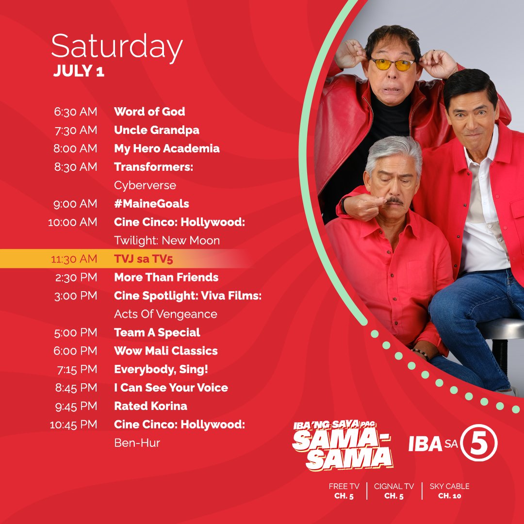 Ngayon na ang araw na puno ng Isang Libo't Isang Tuwa! 

Magtanghalian na ng maaga dahil ang #TVJ at #LegitDabarkads, paparating na! Abangan ang #TVJonTV5 at iba pang programa ngayong Sabado, dito lang sa TV5!

For more info, visit tv5.com.ph
#IBAngSayaPagSamaSama