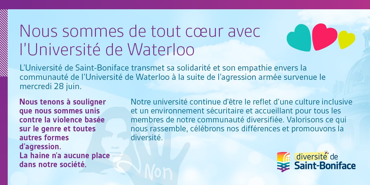 ustboniface's tweet photo. L’USB transmet sa solidarité et son empathie envers la communauté de @uWaterloo à la suite de l’agression armée survenue le mercredi 28 juin. Nous sommes unis contre la violence basée sur le genre et toutes autres formes d’agression. La haine n’a aucune place dans notre société. https://t.co/Dgf5voegUr
