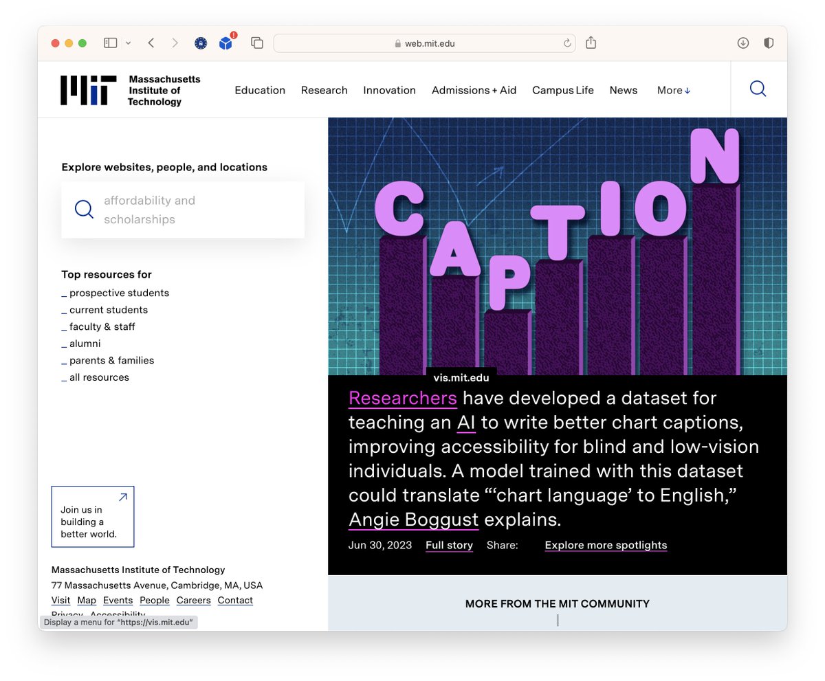 Arvind Satyanarayan (@arvindsatya1) on Twitter photo VisText has been a *ton* of work, and 2 yrs of solid effort. So it's exciting to (finally!) be able to talk about it, and it's gratifying to see it featured on <a href="/MIT/">Massachusetts Institute of Technology (MIT)</a>'s homepage.
Lead author, <a href="/bennyjtang/">Ben Tang</a>, has a great thread w/details below 👇
And I wanted to offer a few thoughts VisText has been a *ton* of work, and 2 yrs of solid effort. So it's exciting to (finally!) be able to talk about it, and it's gratifying to see it featured on <a href="/MIT/">Massachusetts Institute of Technology (MIT)</a>'s homepage.
Lead author, <a href="/bennyjtang/">Ben Tang</a>, has a great thread w/details below 👇
And I wanted to offer a few thoughts