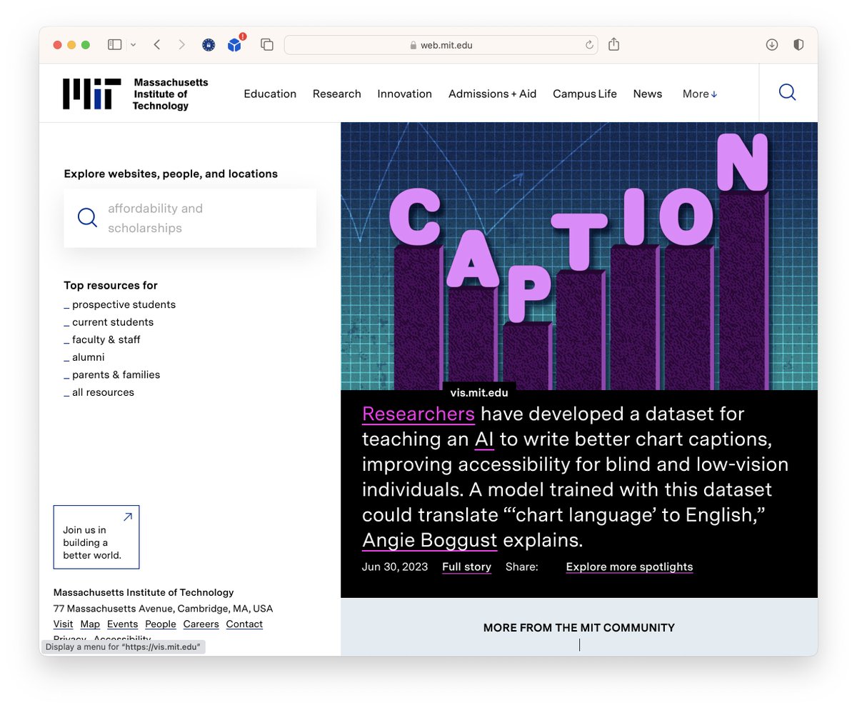 VisText has been a *ton* of work, and 2 yrs of solid effort. So it's exciting to (finally!) be able to talk about it, and it's gratifying to see it featured on @MIT's homepage. Lead author, @bennyjtang, has a great thread w/details below 👇 And I wanted to offer a few thoughts