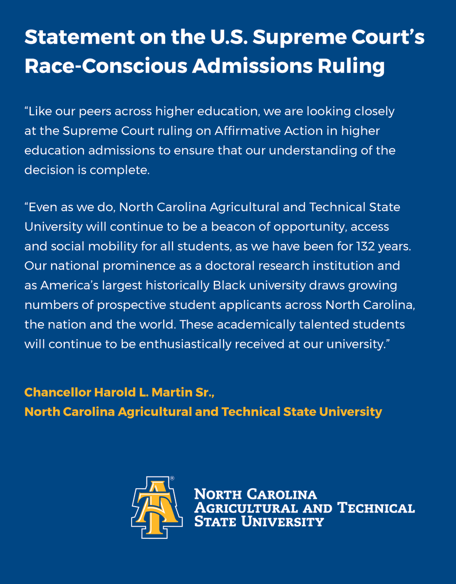 Read #NCAT Chancellor Martin's statement on yesterday's U.S. Supreme Court affirmative action ruling:
#HBCUs