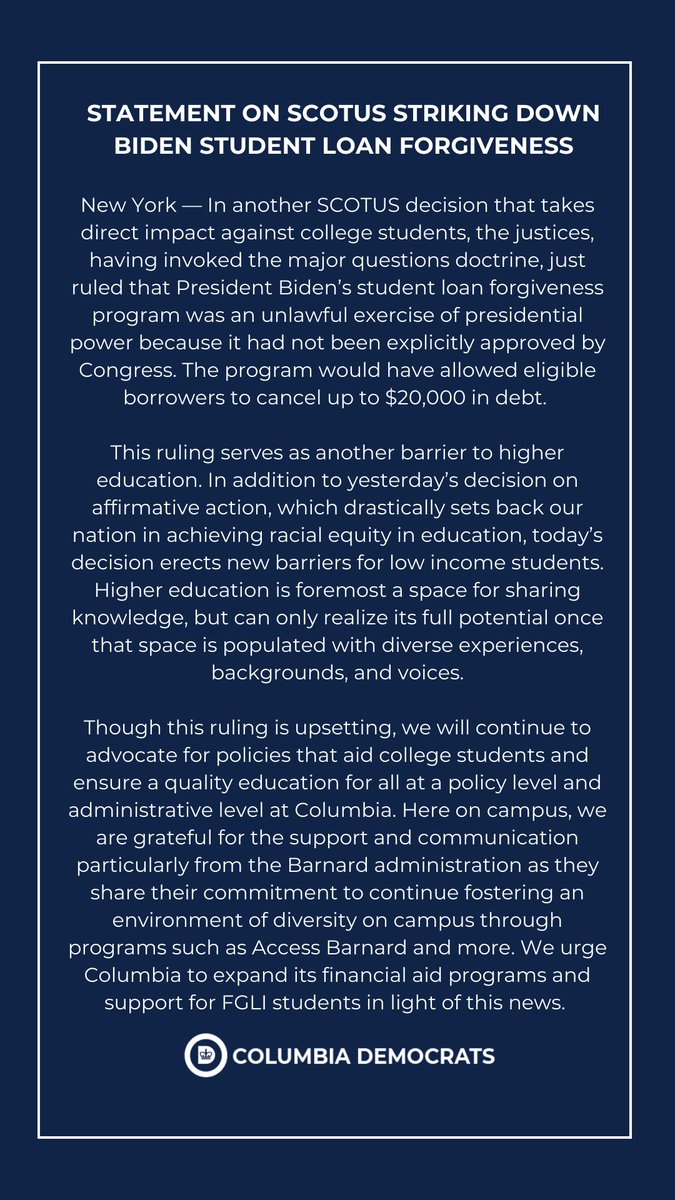 June 30, 2023 - Columbia University College Democrats Statement on Supreme Court Striking Down Biden Student Loan Forgiveness.
