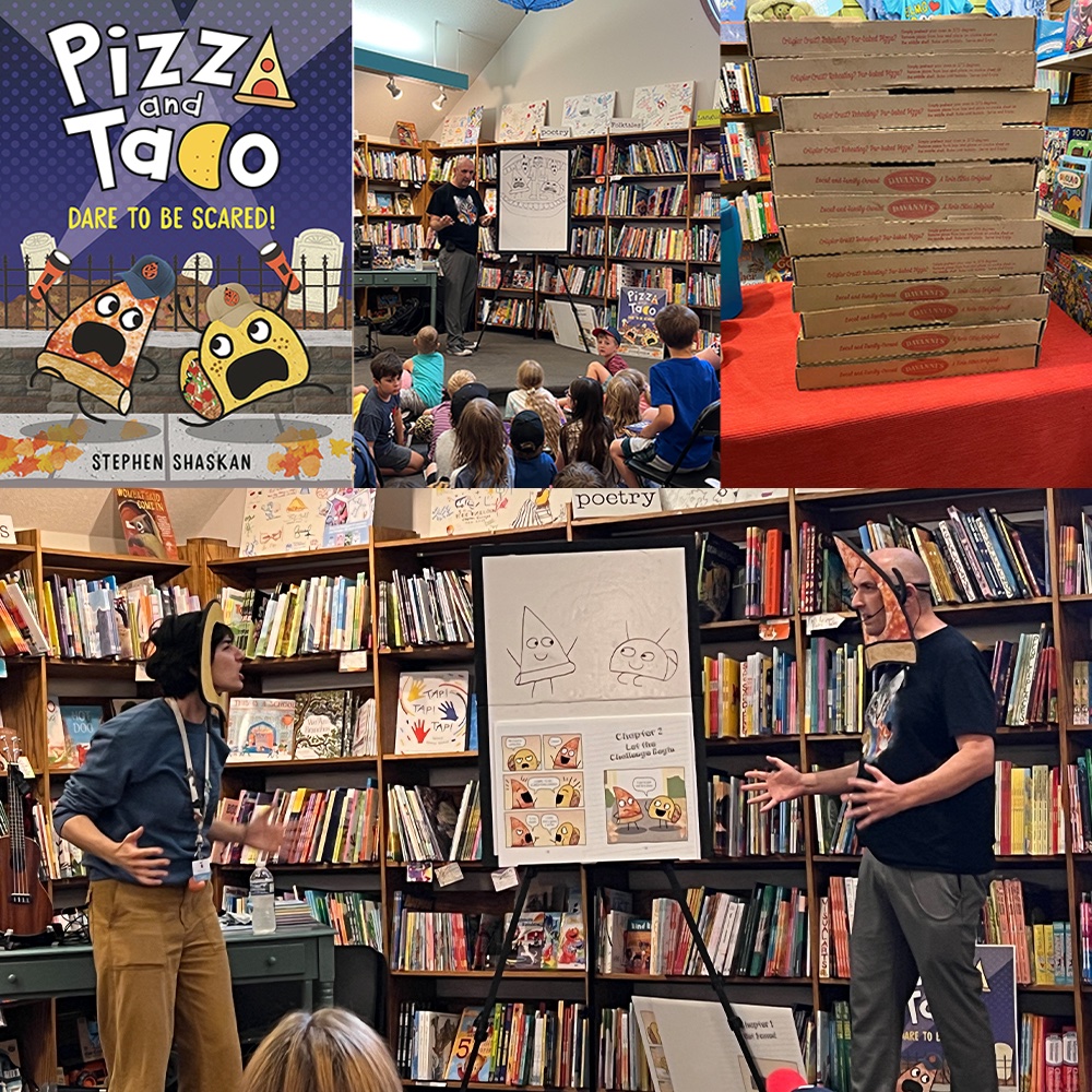 I had an amazing time at @RedBalloonBooks launching PIZZA AND TACO: DARE TO BE SCARED! Drawing, singing songs, signing books, eating pizza from @davannis, and a dramatic reading with Claire from the store! @randomhousekids @RHKidsGraphic