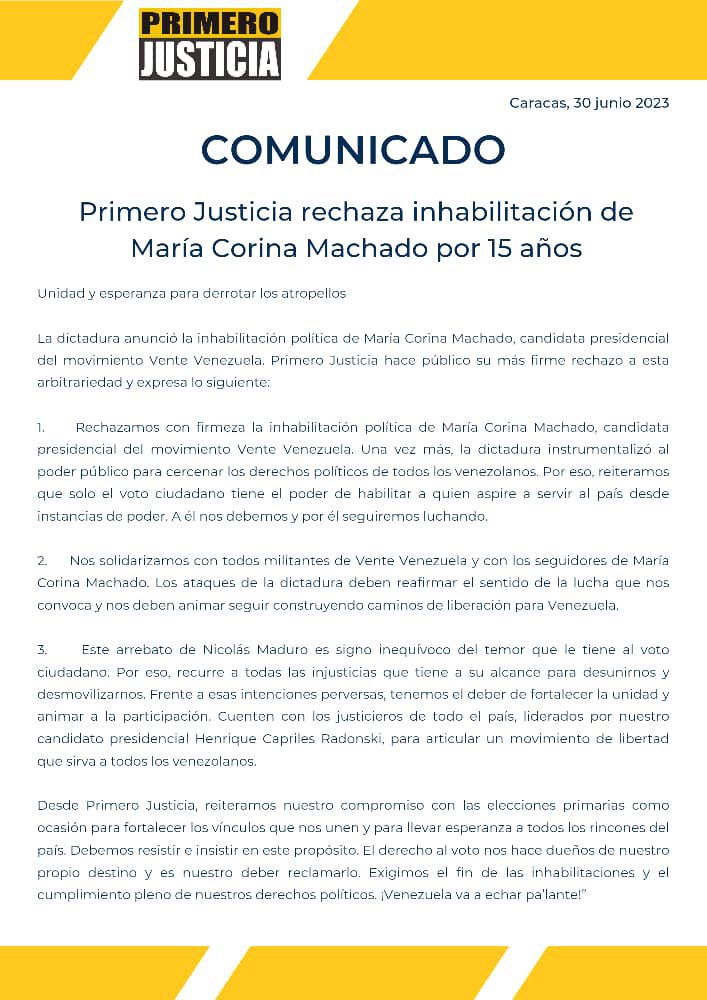 #COMUNICADO Desde Primero Justicia rechazamos de manera categórica la vil y vergonzosa inhabilitación política que el régimen de Maduro impuso a la candidata a la elección primaria María Corina Machado #30Jun