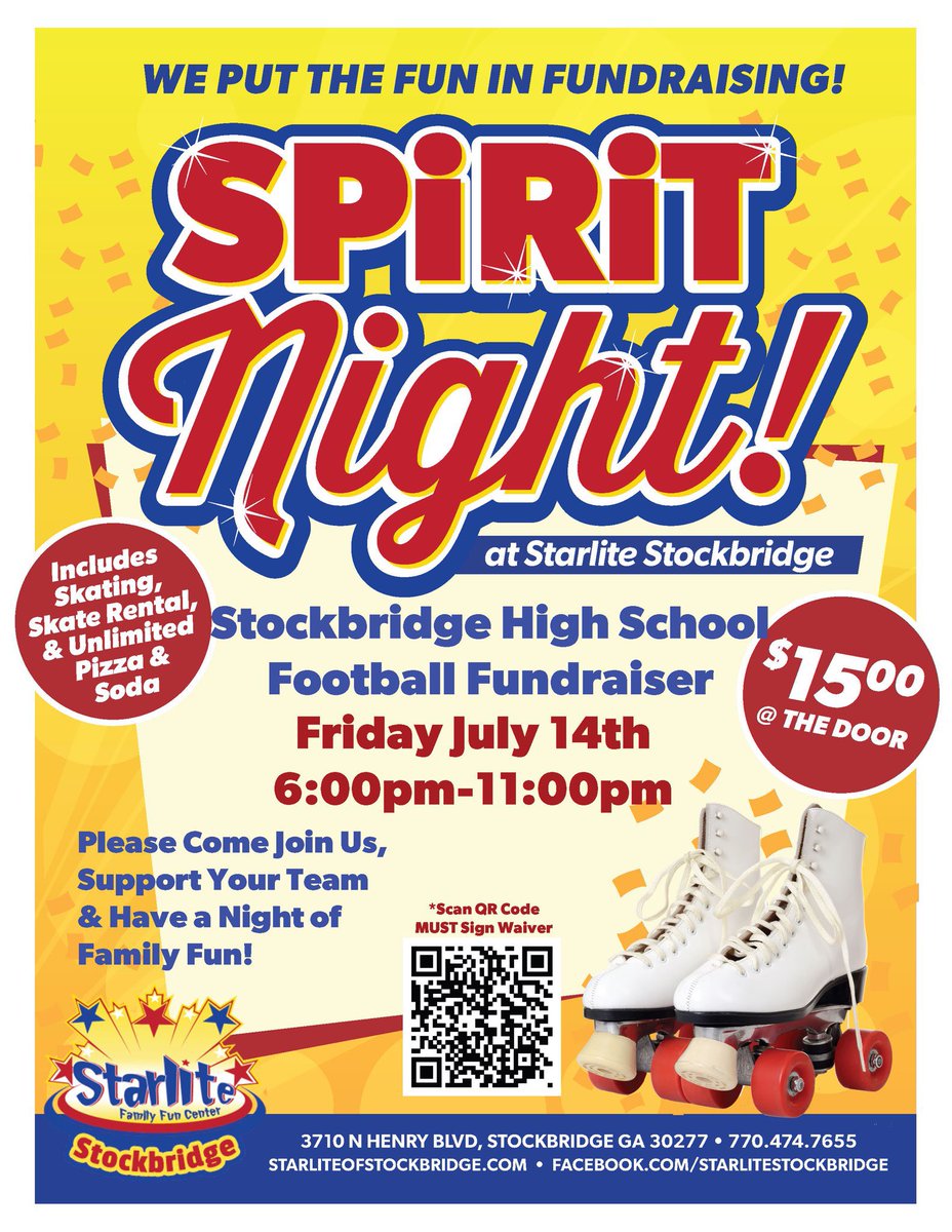 Get your skates &amp; let’s do a roll bounds night. Come out &amp; join the <a href="/StockbridgeFoo2/">Stockbridge Football</a> in there 1st Spirit night at Starlite. Please make sure you do the waiver before coming. Tell the door man you with Stockbridge  <a href="/coachbyrd6/">Andre Byrd Ed.S , CMAA</a> @StockbridgeHFC <a href="/AngelaTFBallmom/">Angela Taylor</a>