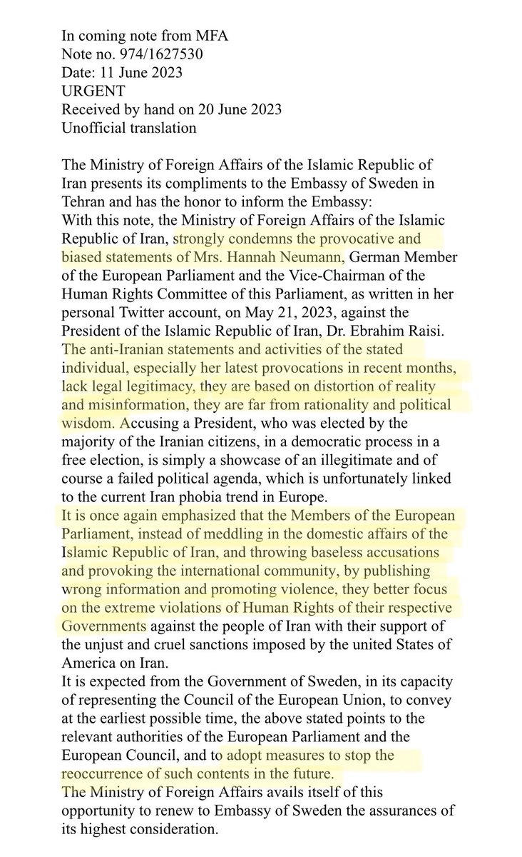 I got mail from the #Iran|ian regime

Apparently Raisi didn’t like my tweets, so they sent a note verbal to the Swedish Council presidency telling them to stop me. 

Read yourself if you need another proof that this regime has left truthland - and be assured i will keep going.