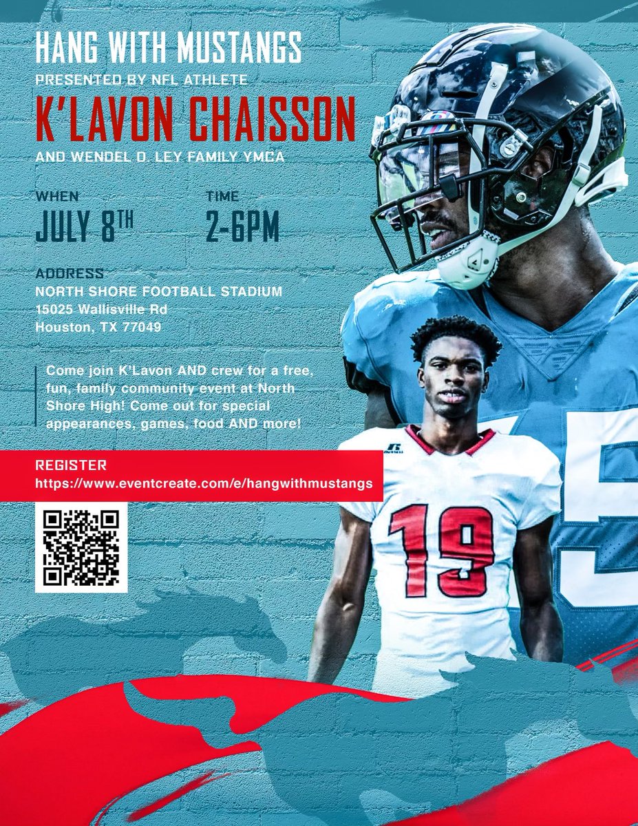 🚨We are excited to host 🚨 HANG WITH MUSTANGS 🔻w/former NS Mustang🔻 K'LAVON CHAISSON We invite all athletes from all sports & all levels 🔺Middle school 🔺East/Northeast Little Football Program 🗓️: JULY 8th ⏰: 2-6pm Please register at: eventcreate.com/e/hangwithmust…