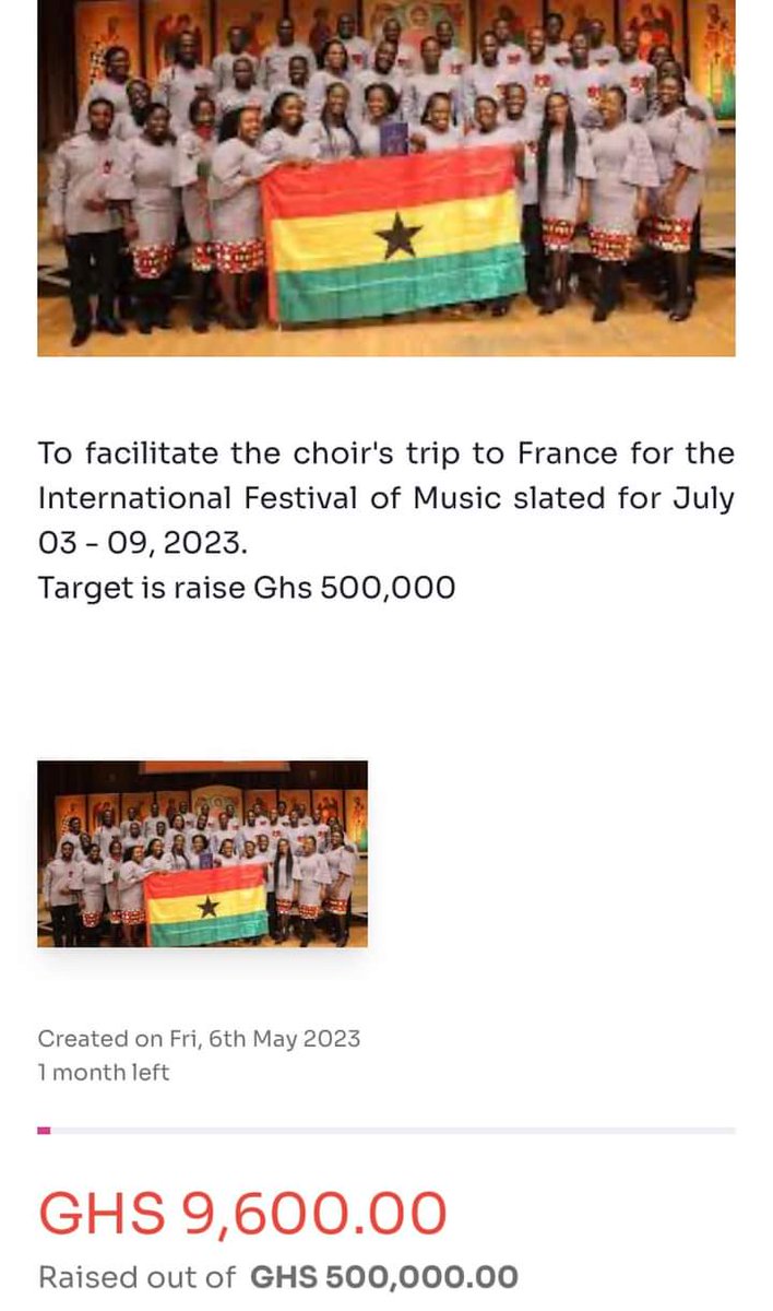 9,600 OUT OF 500,000 with just A MONTH to go. Let's support <a href="/HC_Ghana/">The Harmonious Chorale Ghana</a>  for a wonderful Europe Trip

Click on the link to donate

m.facebook.com/story.php?stor…